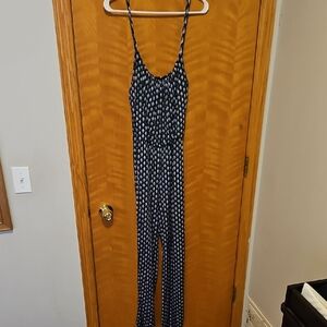 Kaileigh Navy and White Printed Spaghetti-Strap Jumpsuit